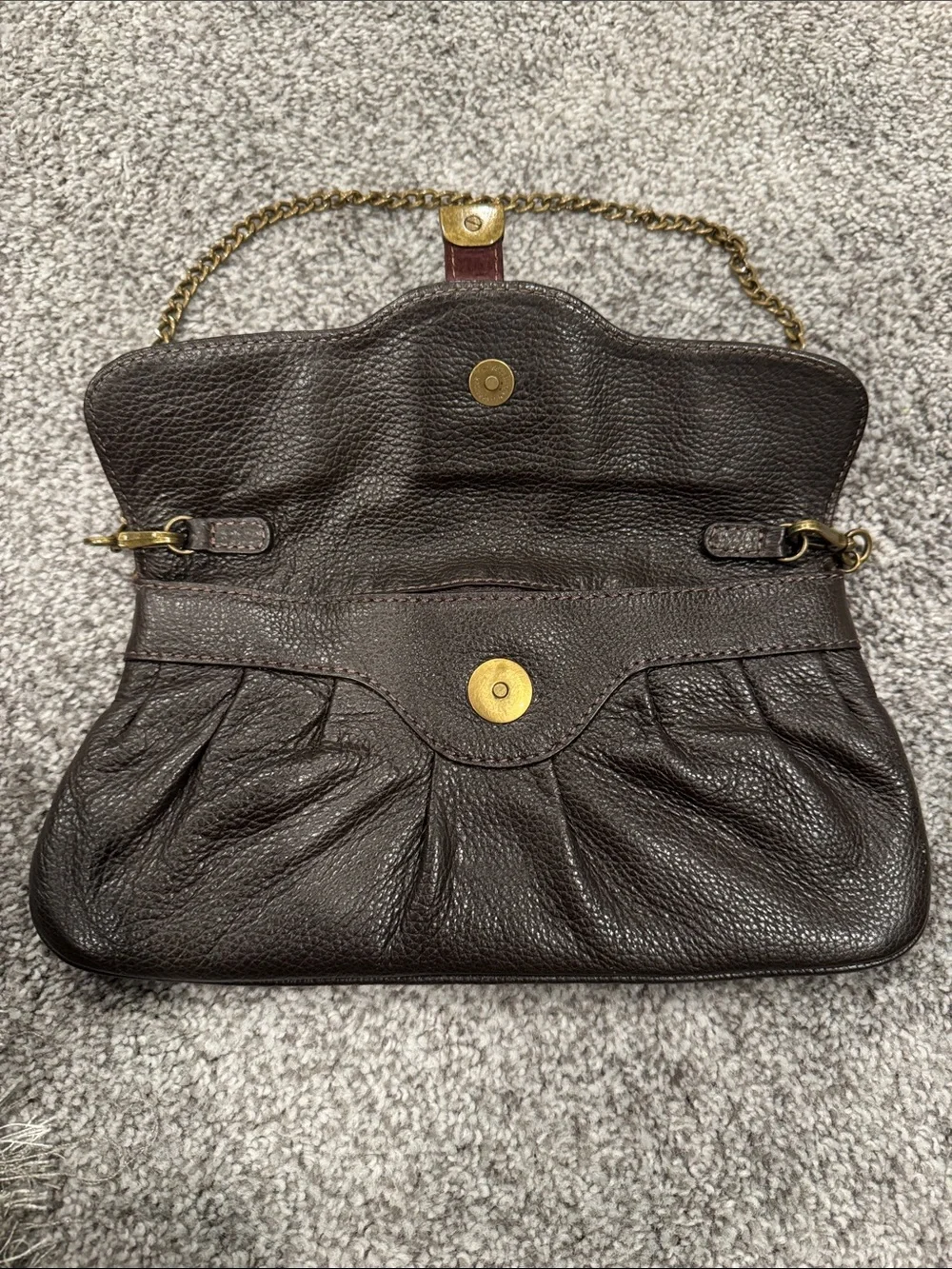 Talbots Dark Brown Pebbled Leather Clutch with Gold Chain